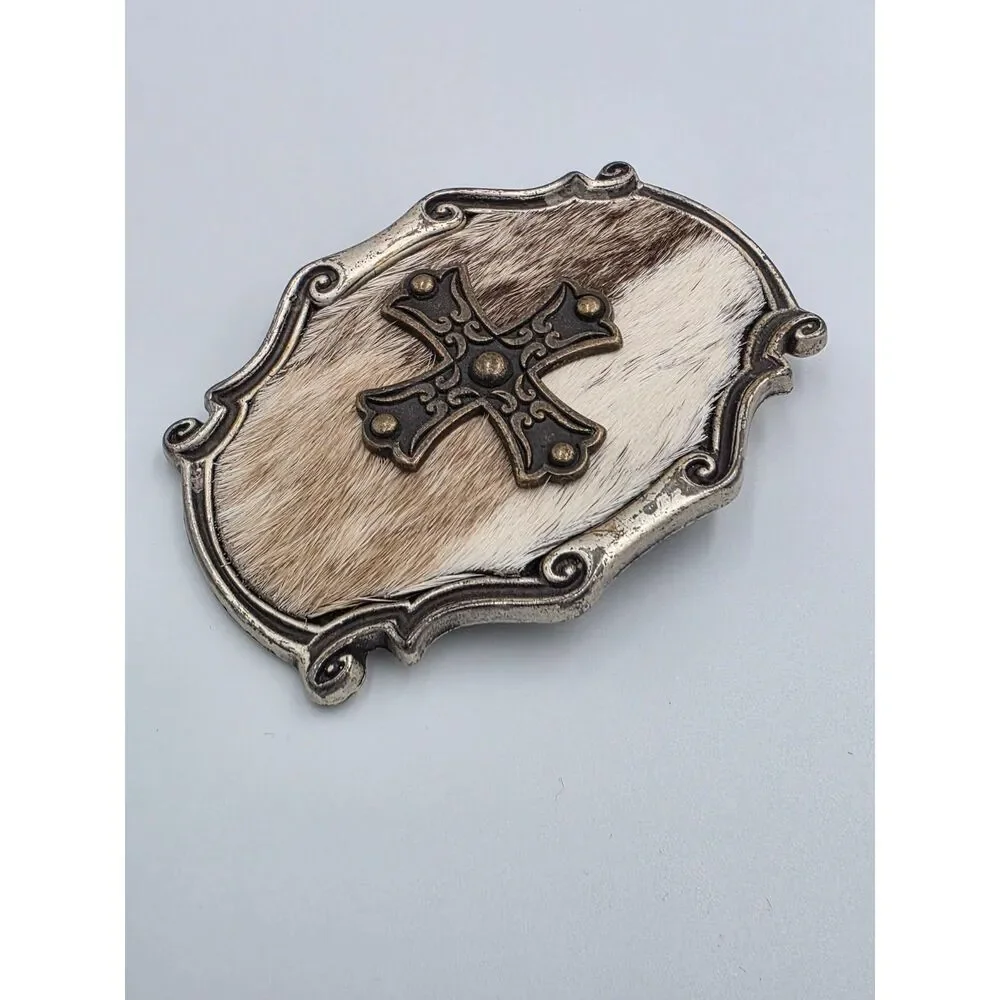 Western Belt Buckle Cow Hide Tan and White 2.5